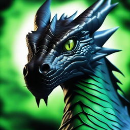 A close-up view of a black dragon with green eyes, filling the screen