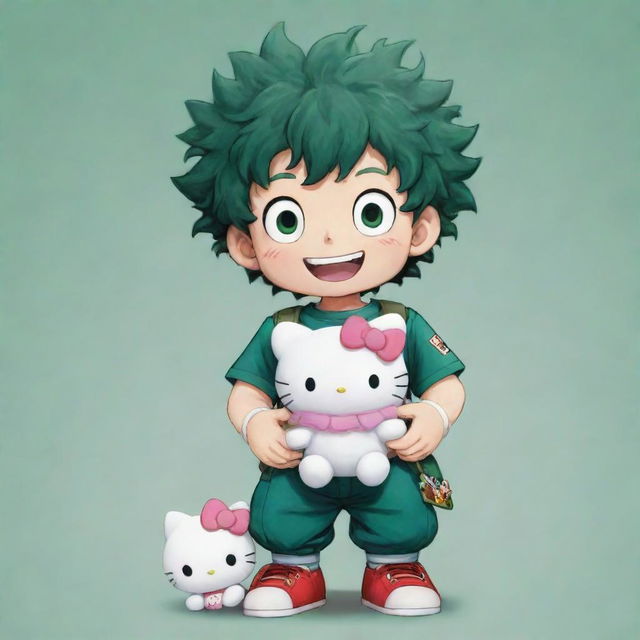 A cute and detailed illustration of the My Hero Academia character, Deku, gleefully holding a plushy of Hello Kitty.