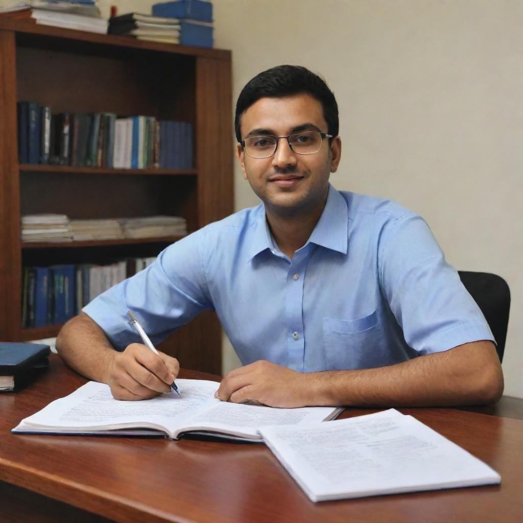 An avatar of Kalpin Mistry, a dedicated CA student, diligently working on a project related to the CA course. His surroundings are filled with course books and tools necessary for IT training, emphasizing his preparation for an upcoming articleship.