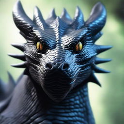 A realistic black dragon with its face occupying the entire screen