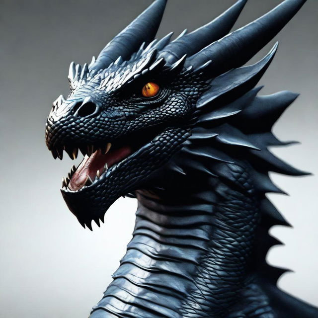 A realistic black dragon with its face occupying the entire screen