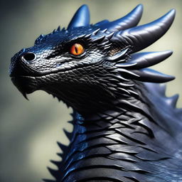 A realistic black dragon with its face occupying the entire screen