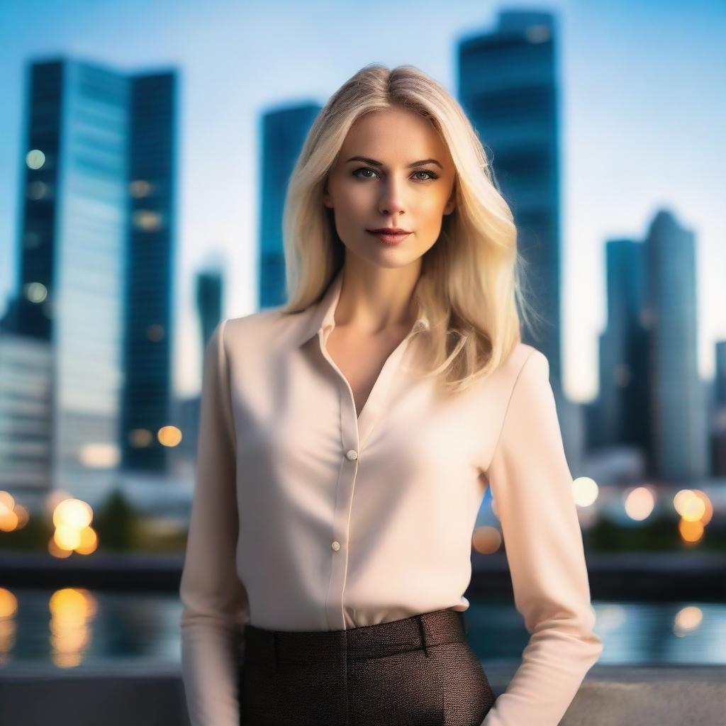 A tall and attractive blonde woman with a confident and stylish appearance, wearing fashionable clothing and standing in an elegant pose