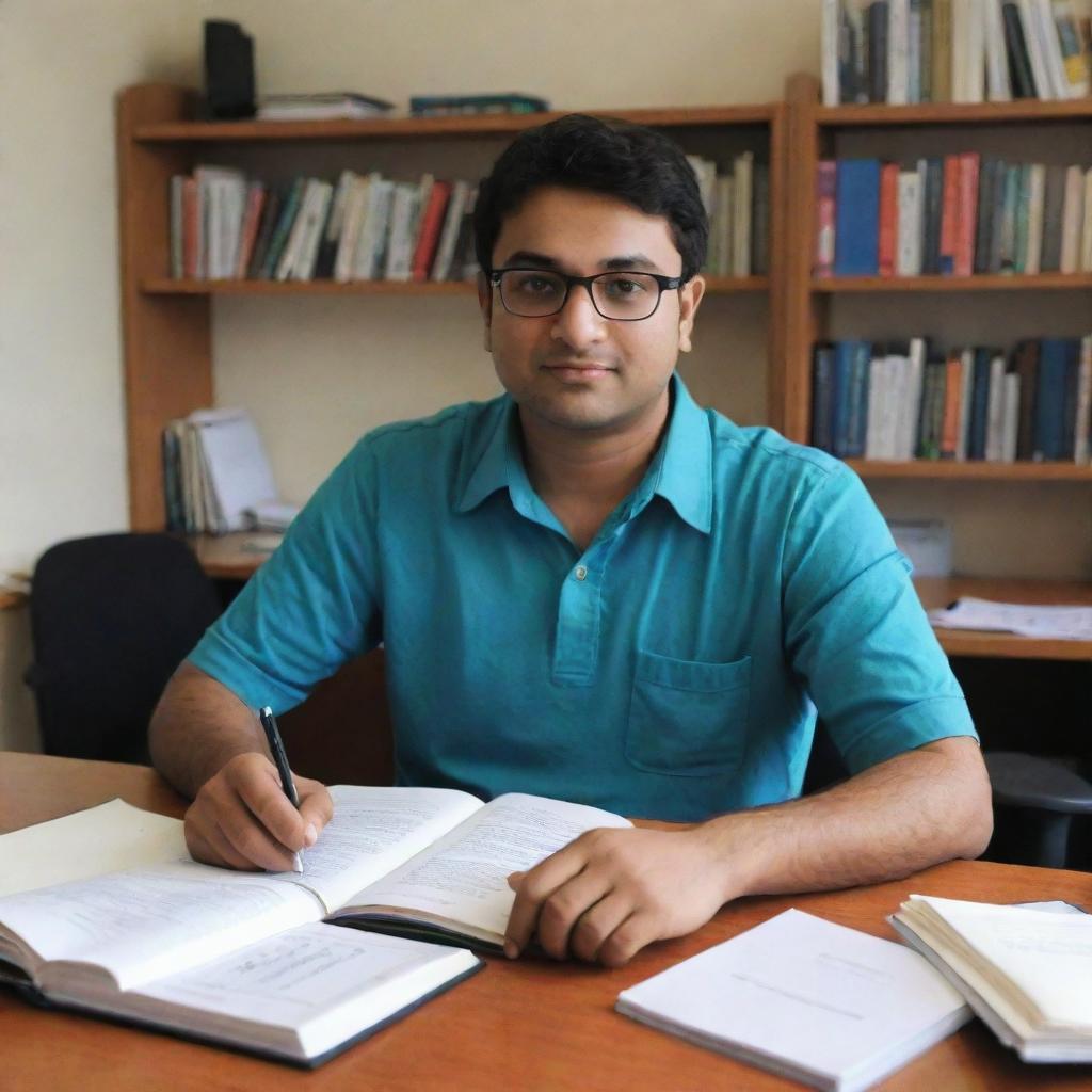 An avatar of Kalpin Mistry, a dedicated CA student, diligently working on a project related to the CA course. His surroundings are filled with course books and tools necessary for IT training, emphasizing his preparation for an upcoming articleship.