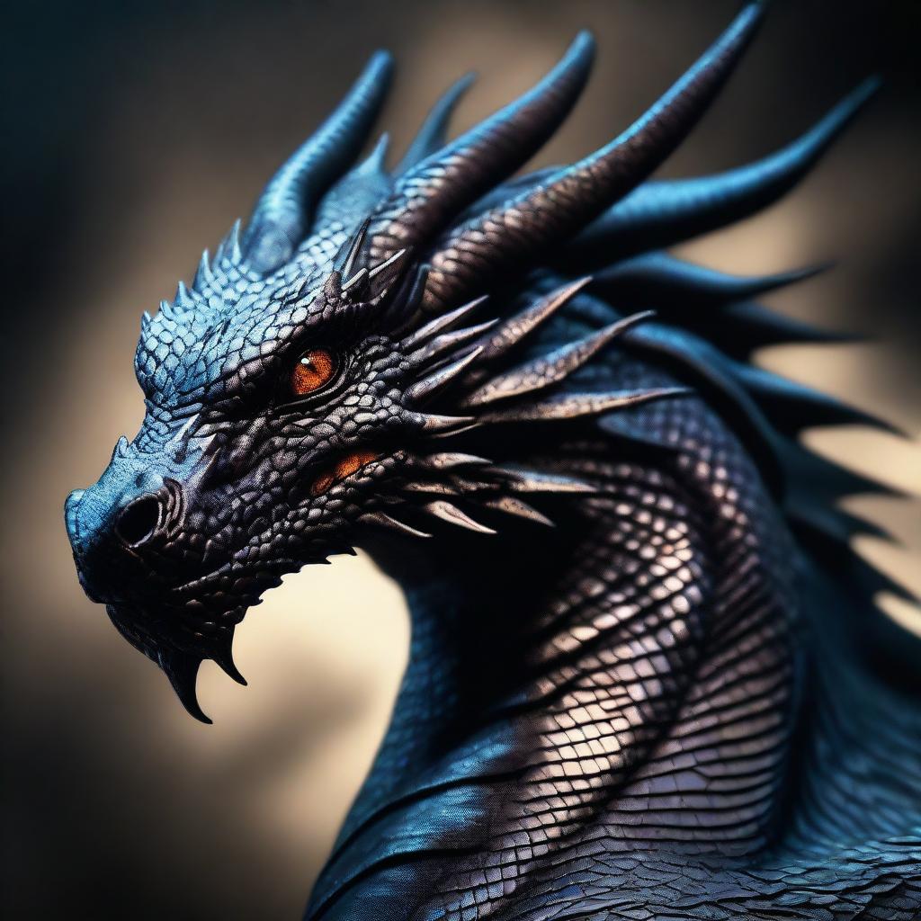 A majestic black dragon with shimmering scales fills the entire image