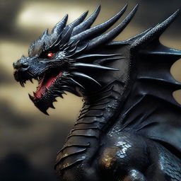 A majestic black dragon with shimmering scales fills the entire image