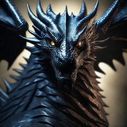 A majestic black dragon with shimmering scales fills the entire image