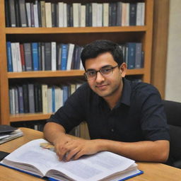 An avatar of Kalpin Mistry, a dedicated CA student, diligently working on a project related to the CA course. His surroundings are filled with course books and tools necessary for IT training, emphasizing his preparation for an upcoming articleship.