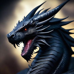 A majestic black dragon with shimmering scales fills the entire image