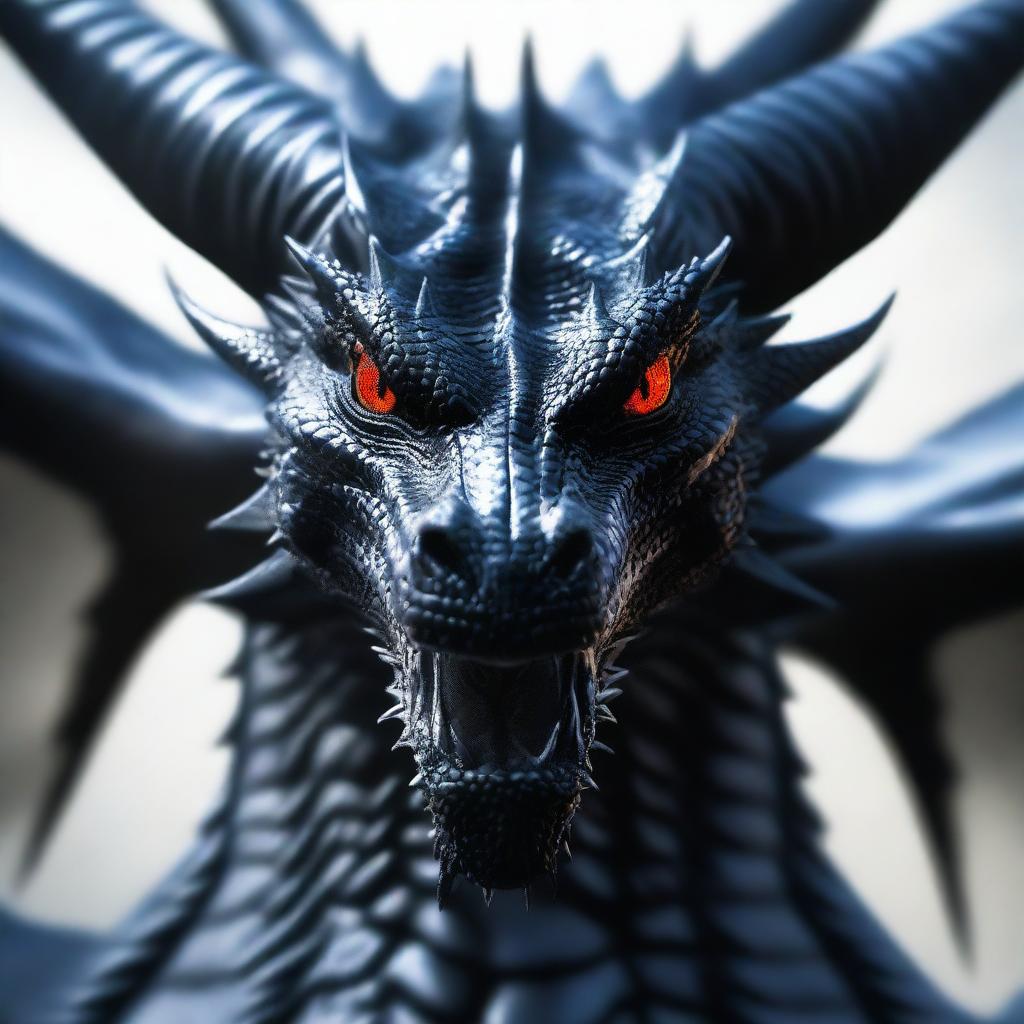 A close-up image of a black dragon occupying the entire frame