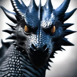 A close-up image of a black dragon occupying the entire frame, with its face super close to the viewer