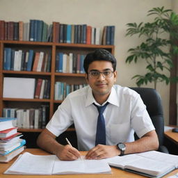 An avatar of Kalpin Mistry, a dedicated CA student, diligently working on a project related to the CA course. His surroundings are filled with course books and tools necessary for IT training, emphasizing his preparation for an upcoming articleship.