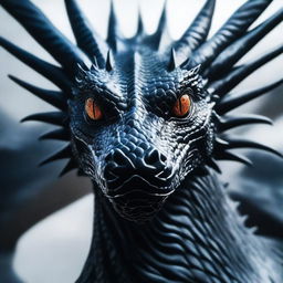 A close-up image of a black dragon occupying the entire frame, with its face super close to the viewer