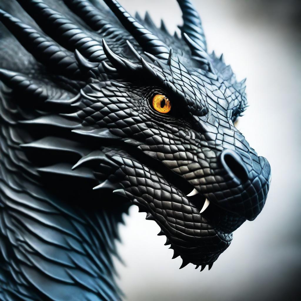 A close-up image of a black dragon occupying the entire frame, with its face super close to the viewer