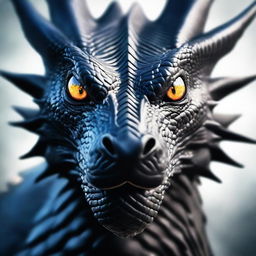 A close-up image of a black dragon occupying the entire frame, with its face super close to the viewer