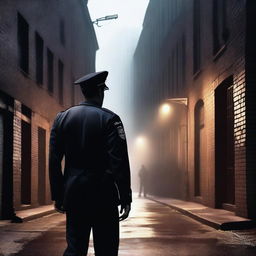 Create a realistic image of a policeman in a mysterious setting