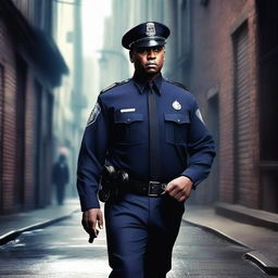 Create a realistic image of a policeman in a mysterious setting