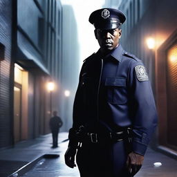 Create a realistic image of a policeman in a mysterious setting