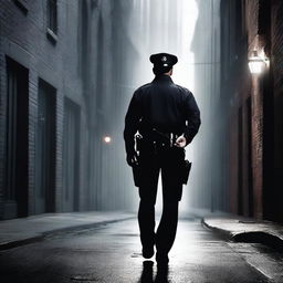 Create a realistic image of a policeman in a mysterious setting