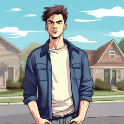 A young man with a mischievous and cocky attitude, dressed in casual clothes and standing in a suburban neighborhood