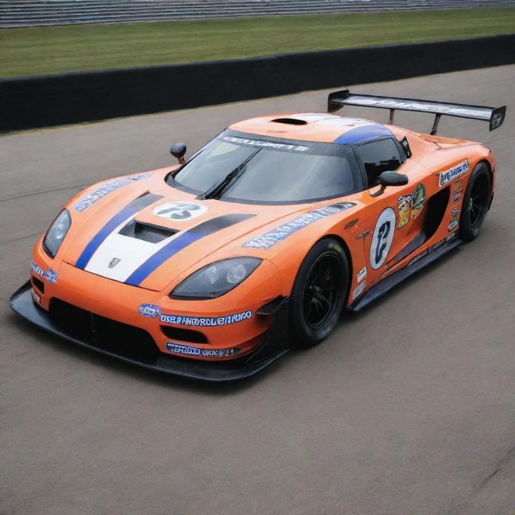 A Koenigsegg car transformed into a NASCAR version, showcasing vivid colors, race-specific modifications, and decorated with numerous sponsor decals.