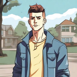 A young man with a mischievous and cocky attitude, dressed in casual clothes and standing in a suburban neighborhood