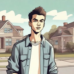 A young man with a mischievous and cocky attitude, dressed in casual clothes and standing in a suburban neighborhood