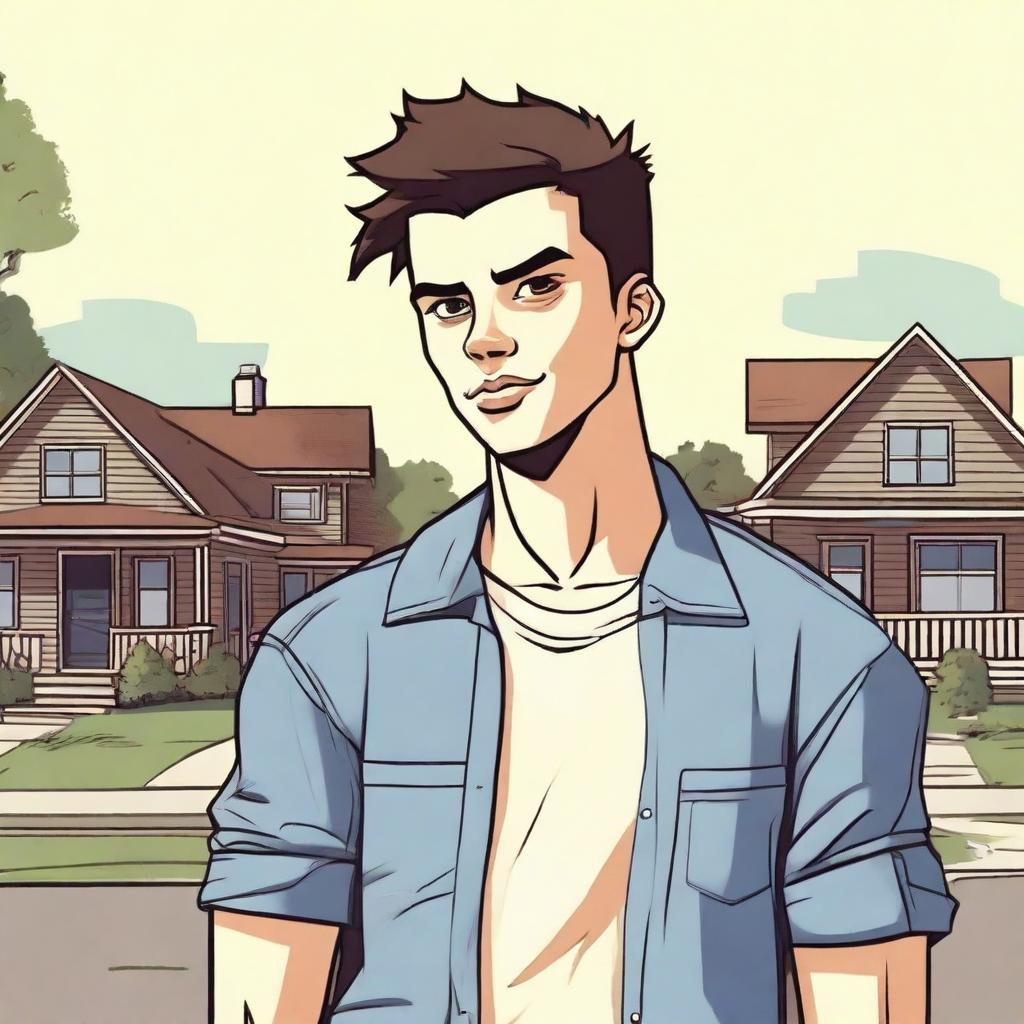 A young man with a mischievous and cocky attitude, dressed in casual clothes and standing in a suburban neighborhood