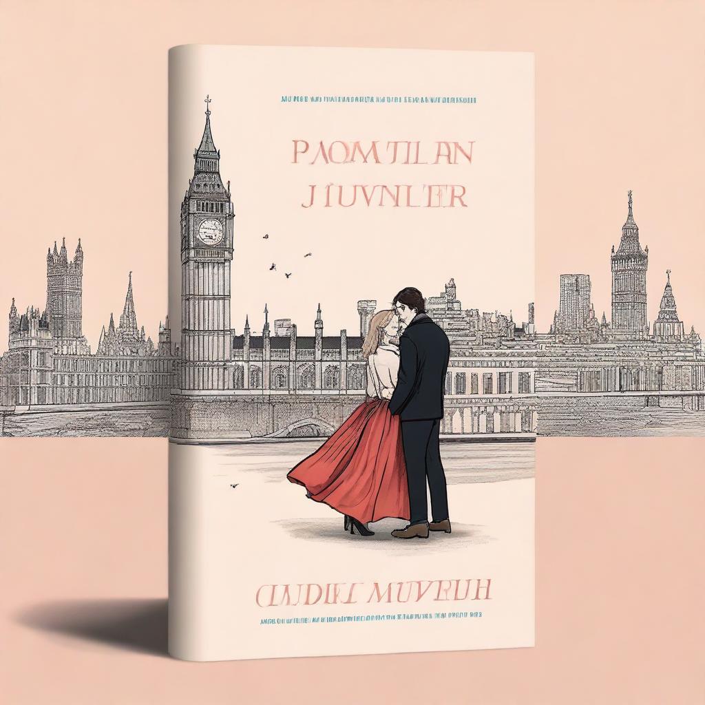 Create a romantic and creative book cover featuring Adam Driver and Jennifer Jason Leigh set in the picturesque city of London