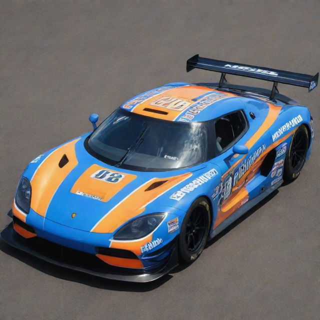 A Koenigsegg car transformed into a NASCAR version, showcasing vivid colors, race-specific modifications, and decorated with numerous sponsor decals.