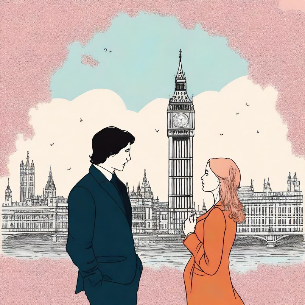 Create a romantic and creative book cover featuring Adam Driver and Jennifer Jason Leigh set in the picturesque city of London