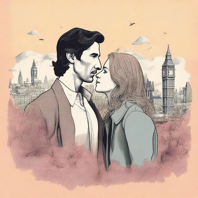 Create a romantic and creative book cover featuring Adam Driver and Jennifer Jason Leigh dressed casually, set against the picturesque backdrop of London