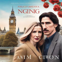 Create a romantic and creative book cover featuring Adam Driver and Jennifer Jason Leigh dressed casually, set against the picturesque backdrop of London