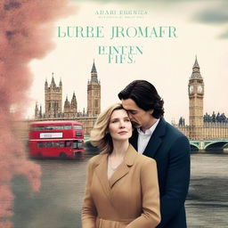 Create a romantic and creative book cover featuring Adam Driver and Jennifer Jason Leigh dressed casually, set against the picturesque backdrop of London