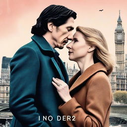 Create a romantic and creative book cover featuring Adam Driver and Jennifer Jason Leigh dressed casually, set against the picturesque backdrop of London