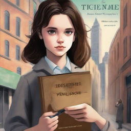 A novel cover featuring a young designer girl with a determined look, holding a sketchbook and a magnifying glass