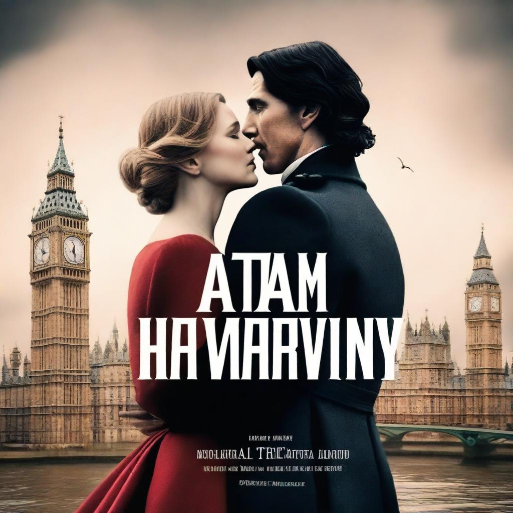 Create a romantic book cover featuring Adam Driver and Jennifer Jason Leigh in London