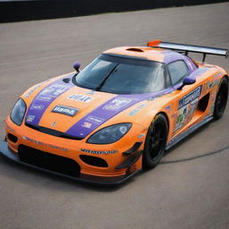 A Koenigsegg car transformed into a NASCAR version, showcasing vivid colors, race-specific modifications, and decorated with numerous sponsor decals.