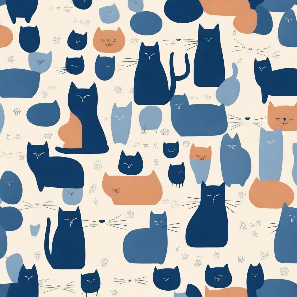 A dark blue cover featuring cat shapes of various sizes in lighter colors