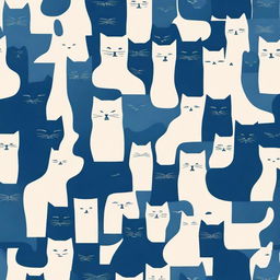 A dark blue cover featuring cat shapes of various sizes in lighter colors