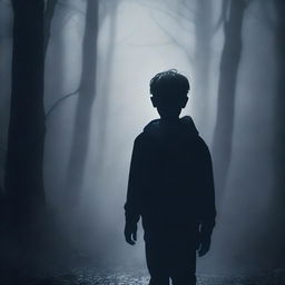 A young boy struggles to move forward in a dense black fog