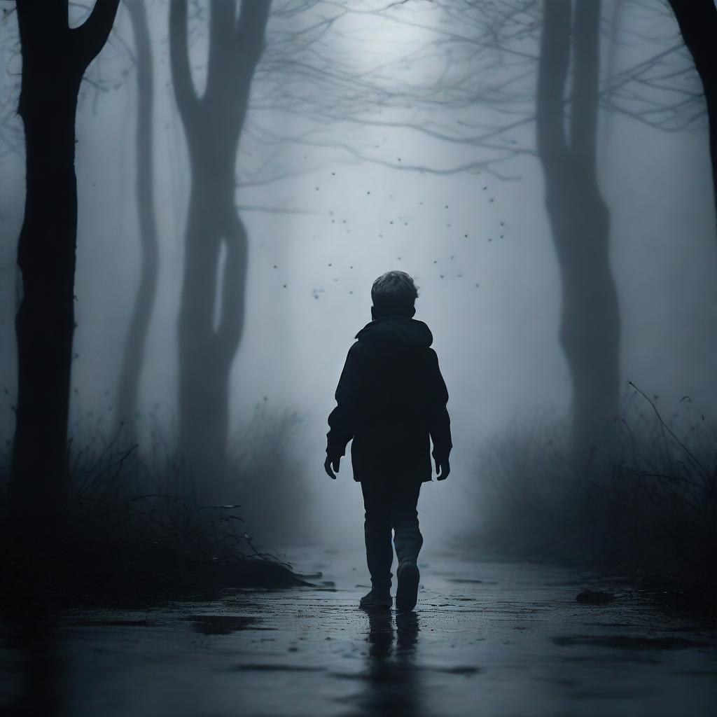 A young boy struggles to move forward in a dense black fog