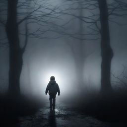 A young boy struggles to move forward in a dense black fog