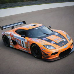 A Koenigsegg car transformed into a NASCAR version, showcasing vivid colors, race-specific modifications, and decorated with numerous sponsor decals.