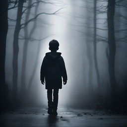 A young boy struggles to move forward in a dense black fog