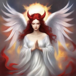 Create an image depicting a person with a double personality, one side angelic and the other devilish