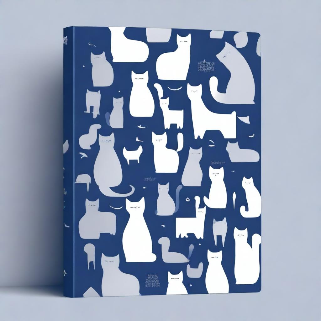 A dark blue cover featuring cat shapes of various sizes and poses in silver