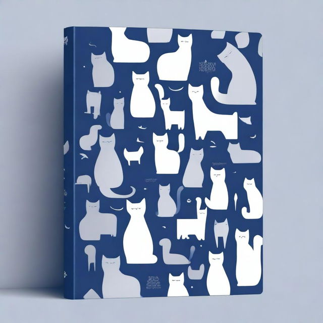 A dark blue cover featuring cat shapes of various sizes and poses in silver