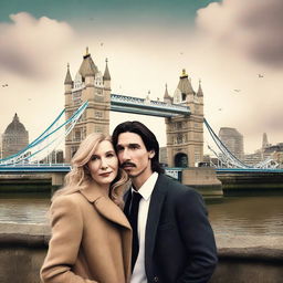 Create a romantic, creative book cover featuring Adam Driver and Jennifer Jason Leigh in London