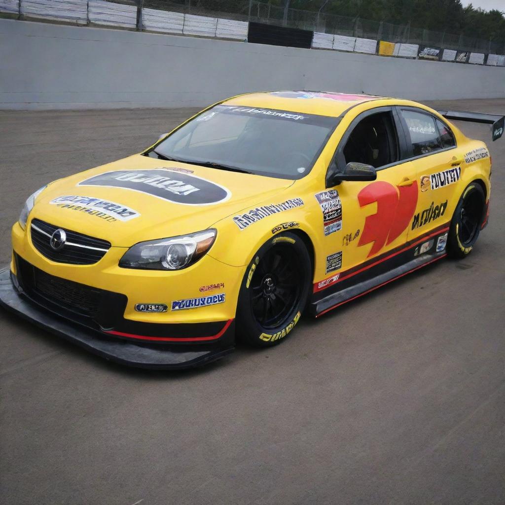 An Opel car reimagined in a NASCAR style, boasting bright colors, racing alterations, and adorned with a collection of sponsor logos.